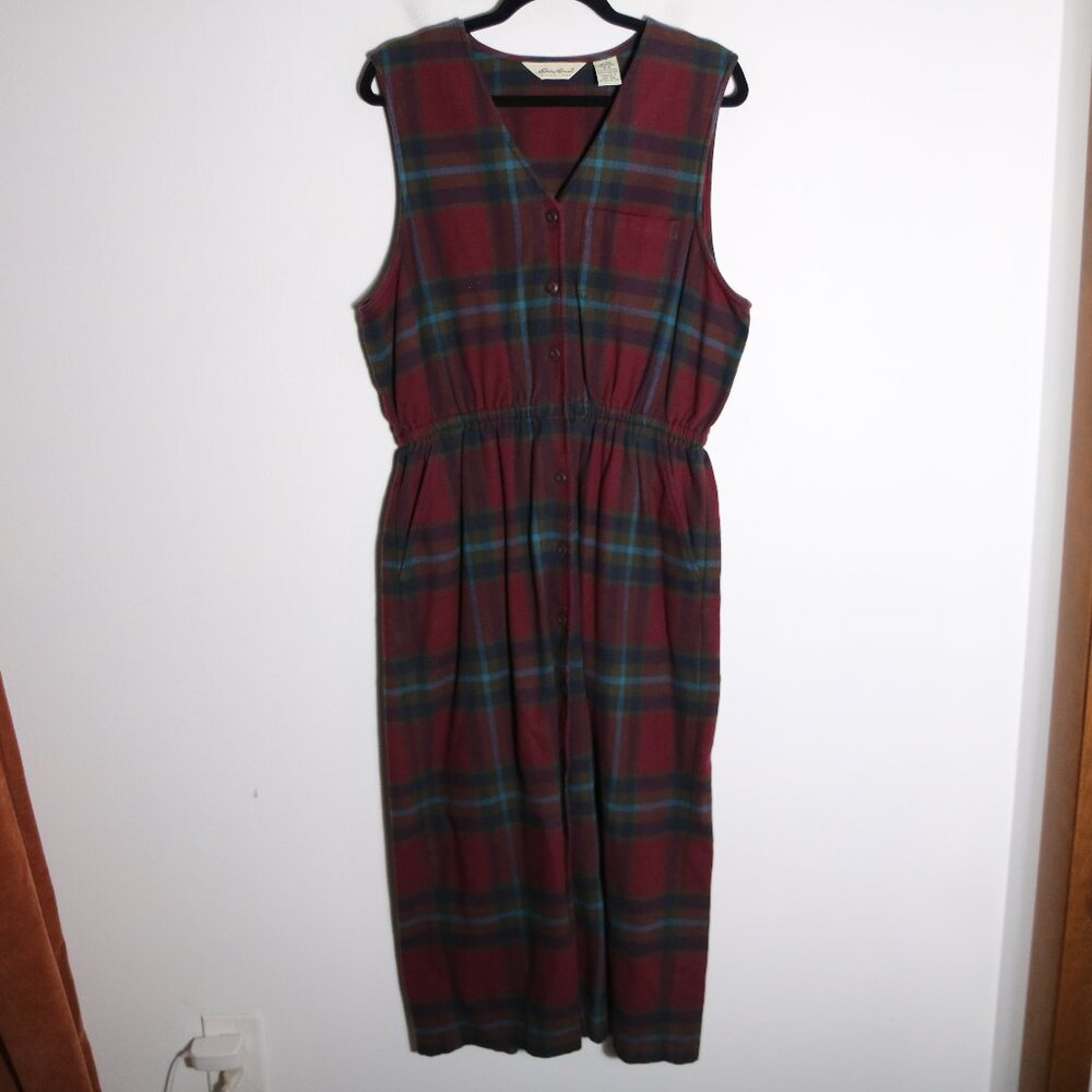 Eddie Bauer Vintage 90s Flannel Plaid Maxi Dress Medium Red Cotton Cottagecore